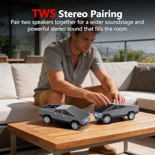 WS-580 Cybertruck Portable Bluetooth Speaker, Replica Car with Display Screen, HD Sound, TWS Pairing, FM Radio, Built-in Mic, Remote Selfie Control, LED Party Light, Gift for Car Lovers (Gray) - Thumbnail 5