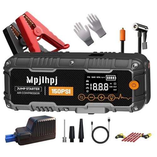 Jump Starter with Air Compressor, 4000A Portable Car Battery Jump Starter (10L Gas/8L Diesel), 12V Jump Pack with 150PSI Auto-Shutoff Tire Inflator, LED Light, Gloves & Car Emergency Kit