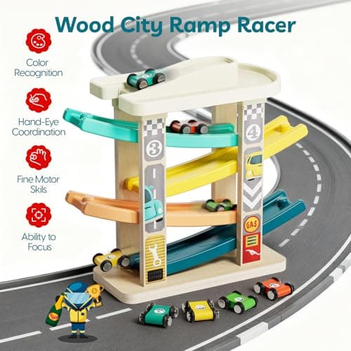 TOP Bright Toddler Wooden Race Track Car Ramp Toys for 1 2 Year Old Baby Motor Skills Race Tracks Car Ramp Vehicle Playsets with 4 Mini Cars and 1 Car Garage - Thumbnail 6