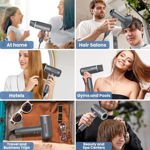Hyper-Speed Hair Dryer, 180,000 RPM Brushless Motor for 1min Fast Drying, Dual Voltage Travel Blow Dryer with Diffuser & Concentrator, 600M Negative Ions for Frizz-Free Shine, HD Screen, Gunmetal - Thumbnail 6