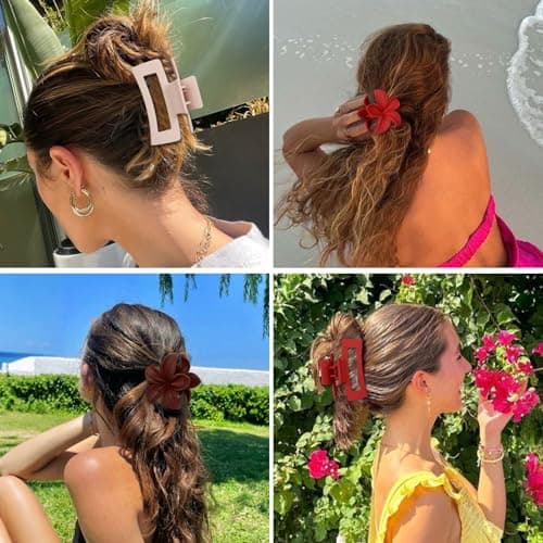 Flower Hair Clips for Women Square Claw Clips for Girls 2 Styles Hair Claw Clips for Thick or Thin Hair 6 PCS Hawaiian Hibiscus Rectangle Large Plumeria Medium Hair Accessories for Women (Red) - Thumbnail 6