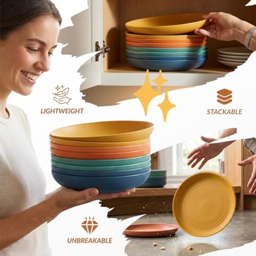 Homienly Deep Dinner Plates Set of 8 Alternative for Plastic Plates Microwave and Dishwasher Safe Wheat Straw Plates for Kitchen Unbreakable Kids Plate Set with 4 Colors (Classic Bright, 9 inch) - Thumbnail 5