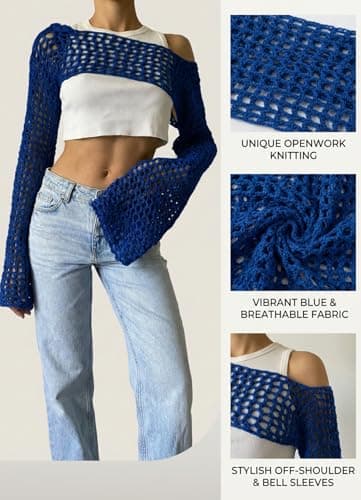 hathne Women Hollow Out Sweater Crop Flounce Off See Through Crochet Top Trumpet Long Sleeve Knit Top(Dark Blue,XL) - Thumbnail 6