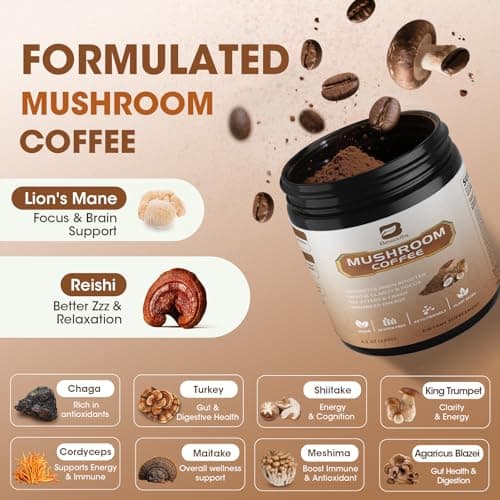 B BEWORTHS 2Pack Mushroom Coffee Powder with MCT Oil - 10 Mushroom Lion's Mane, Turkey Tail, Reishi, Cordyceps & Chaga - Instant Arabica Mushroom Coffee for Focus, Immune, Gut & Brain Health | Keto - Thumbnail 3