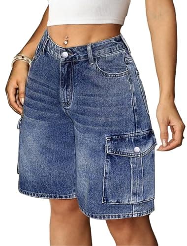Eddoyee Baggy Bermuda Cargo Jorts for Women Y2K Long Knee Length Stretchy Denim Jean Shorts Casual Outfits with 6 Pockets(Dark Blue, X-Large) - Image 1