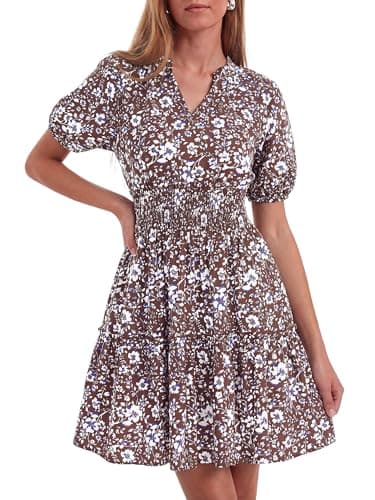 BTFBM Summer Dresses for Women 2026 Ruffle Short Sleeve Elastic Waist Tiered Floral Mini Dress Beach Vacation Sundresses(Brown Blue White, Medium) - Image 1