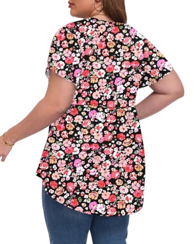 PLOKNRD Plus Size Tops Womens Tunic Tops Short Sleeve Pink T-Shirts V-neck Summer Dressy Blouse Casual Boho Cute Tops 3X - Thumbnail 4
