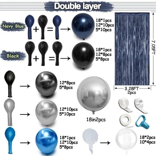 Navy Blue Black Balloon Arch Double Stuffed Black Blue Silver Metallic Balloon Garland for Graduation Class of 2026 Baby Shower Birthday Anniversary Wedding Father's Day Party Decor - Thumbnail 3