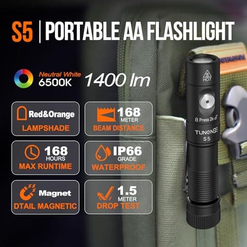 TUNENGE S5 1400 Lumens Mini Flashlight Rechargeable- Super Bright LED Pocket Light with Magnet & Clip, Red/Orange Diffuser,Small AA EDC Flashlight for Outdoor, Camping, Hiking, Emergency - Thumbnail 2