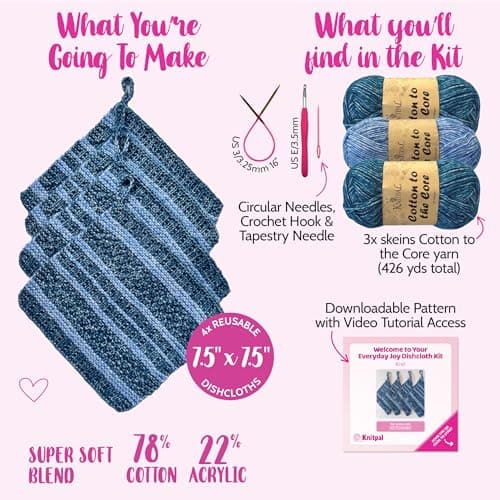 KnitPal Everyday Joy Knitting Kit – Make 4 Reusable Dishcloths for Confident Beginners – Cotton to The Core Yarn (#3 DK), Needles, Patterns & Video Tutorials (Jean Blue + Sky Blue) - Thumbnail 3