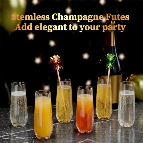 GuanQiao 24 Pack Stemless Plastic Champagne Flutes, 9oz Ribbed Disposable Champagne Glasses, Heavy Duty Shatterproof Mimosa Glasses for Wine Tasting, Wedding, Bridal Shower, Party Supplies, Birthday - Thumbnail 5