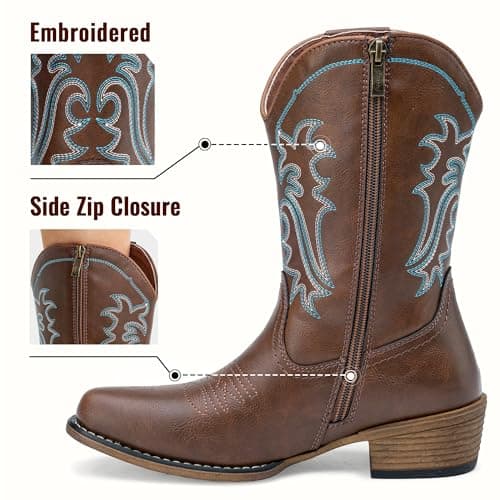 Jeossy Women's Whisky Cowboy Boots, Western Cowgirl Mid-Calf Pull on Round Toe Embroidered Country 9806 Boots with Zipper Size 8.5 (DJY9806 whisky 08.5) - Thumbnail 4