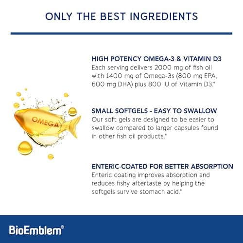 BioEmblem Omega-3 Fish Oil 2000mg - Small Size Softgels, High Absorption Form, Sustainable - 1400mg EPA &DHA Plus Vitamin D3, Non-GMO, Heart, Joint, & Brain Health Fish Oil Supplement, 120 Ct - Thumbnail 3