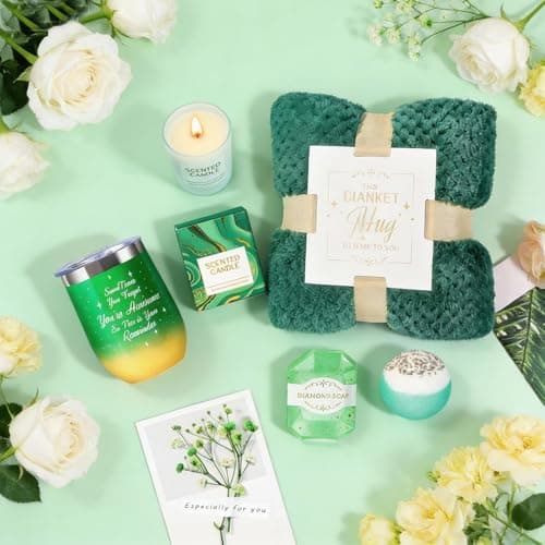 Birthday Gifts for Women, Thank You Gifts, Get Well Soon Relaxing Spa Gift Basket with Flannel Blanket for Mom, Grandma, Sister, Wife, Girlfriend, Teacher Appreciation Graduation Gift (green) - Thumbnail 2