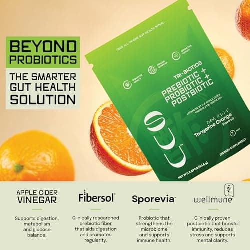 SUU Tribiotics - Prebiotic & Probiotic Drink Mix Packets for Gut Health & Digestive Health | Daily Probiotic, Cutting Mix & Immunity Supplement with Energy Support | Tangerine Orange (7-Pack) - Thumbnail 3