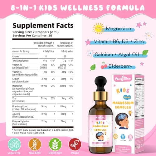 Liquid Magnesium Complex for Kids: Magnesium Glycinate Drops with Citrate Taurate Vitamin D3 B6 Ca Zinc Algal Oil Supports Calm Sleep Focus Immune Bone Health for Children, Non-GMO Strawberry Flavor - Thumbnail 2