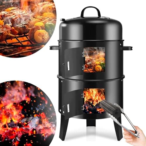 RYHOFOUD T001-2 19-inch BBQ Charcoal Smoker, Heavy Duty Round Smoking-Vertical Multi-Layer Pellet Smoker for Meats-Offset Charcoal Grill with Thermometer, Black - Thumbnail 3