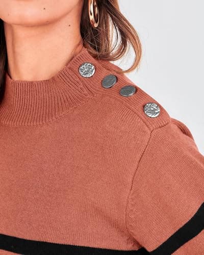 KIRUNDO Fall Sweaters for Women 2026 Striped Turtleneck Ribbed Knit Sweater Trendy Pullover Jumper Winter Fashion Clothing(Medium, Rust Red) - Thumbnail 5