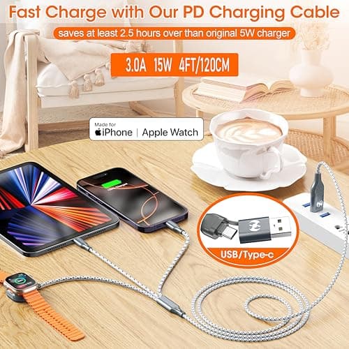 Multi Charging Cable for Apple Watch Charger 4FT, 3 in 1 Charging Cable USB A/C to Lightning Type C USB C Cord iWatch Magnetic Wireless Charger Wire for Apple iWatch iPhone Android Phone - Thumbnail 3