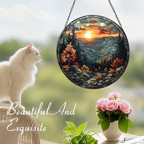 Zizzie Stained Glass Mountain River Suncatcher - 7.9" Real Glass Autumn Landscape Sunset Window Hanging, Weatherproof Rustic Cabin Lodge Decor, Nature Lover Memorial Gift for Dad Mom Men - Thumbnail 6