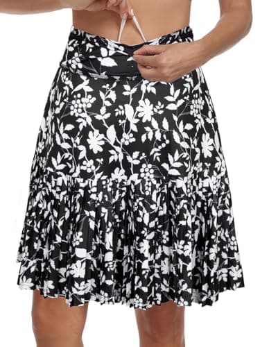 KORALHY 21" Golf Skorts with Pockets Pleated Tennis Skirts with Shorts Knee Length Skort for Athletic, Workout, Casual Wear Black Leaves M - Thumbnail 3