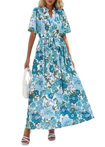 KIRUNDO Women Spring Summer Wedding Guest Boho Floral Maxi Dress Puff Sleeve Button Shirt V Neck Flowy Beach Vacation Dress(Blue Green, Small) - Image 1