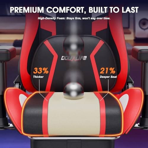 Douxlife 3D Kneading Massage Gaming Chair with Footrest, 400lbs Heavy Duty PC Computer Desk Chair for Adults, Adjustable 2D Armrests, Ergonomic 175° Recline & Optional Heat, Black&Red - Thumbnail 5