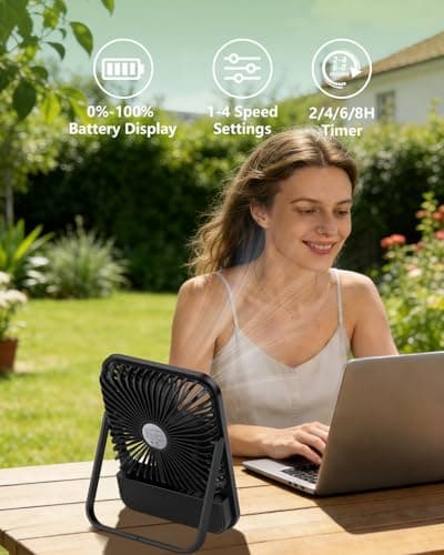 BIVBTP 7-Inch Portable Travel Fan, Cruise Ship Approved, 28H 8000mAh Ultra-Thin Quiet Rechargeable Battery Operated Desk Fan with Timer & LED Display for Bedroom, Office, Camping - Thumbnail 5