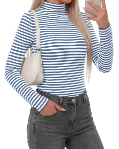 BTFBM Long Sleeve Shirts for Women Turtleneck Striped Shirt Lightweight Basic Thermal Underwear Tops 2026 Fall Fashion(Light Blue White, Small) - Thumbnail 3