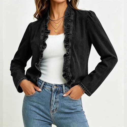 Womens Denim Jacket Lightweight Trendy 2026 Summer Fall Black X-Large - Thumbnail 2
