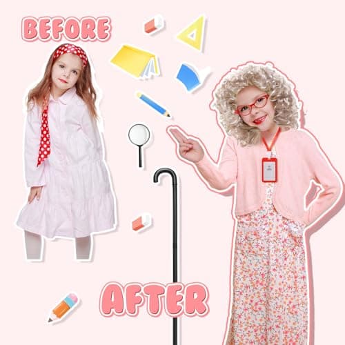 Skirfy Old Lady Costume for Kids, 100 Days of School Granny Outfit Kit with Wig, Dress, Glasses, Cane and Other Dess Up Accessories for Girls for School Celebration or Halloween - Thumbnail 5