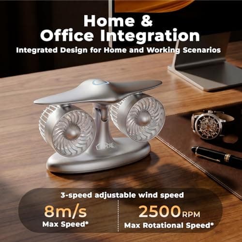 LAMJIE Portable Desk Fan, 8000mAh Battery Operated 18H Runtime Aviation Turbine Table Fan, Quiet USB-C Rechargeable Personal Fan, Unique Tech Office Gift for Men, Dad, Pilots - Thumbnail 2