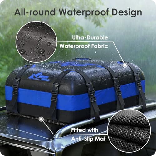 BATSUVCER Car Rooftop Cargo Carrier Bag 20 Cubic Feet, 100% Waterproof Heavy Duty Car Roof Bag for All Vehicle with/Without Racks - Anti-Slip Mat, 6 Door Hooks, Storage Bags, 5CM Straps(Blue) - Thumbnail 2