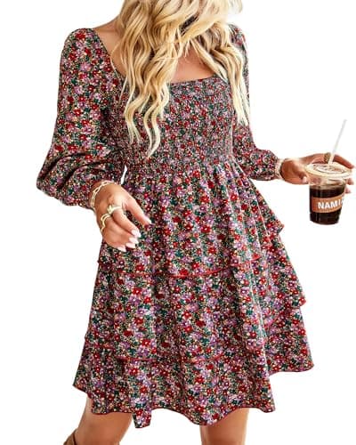 BTFBM Womens Long Sleeve Dress Summer Vacation Square Neck Smocked Floral Mini Boho Fall Wedding Guest Dresses 2026(Floral Red Pink, Small) - Image 1