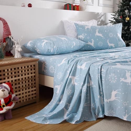 CAROMIO Christmas Sheets Queen, Soft Brushed Microfiber Bed Sheet Set, 16 Inches Deep Pocket Fitted Sheet Winter Holiday Sheets Set (Blue, Queen) - Thumbnail 2