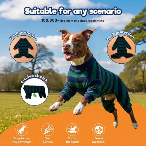 LovinPet Large Dog Pajamas Bodysuit, Lightweight Stretchy Knit Pullover Dog Onesie, Pet Pajamas for Dogs, Green and Black Stripe Print Dog Shirt, UV Protection, Stop Shedding for Dogs, Pet PJ's, L - Thumbnail 2
