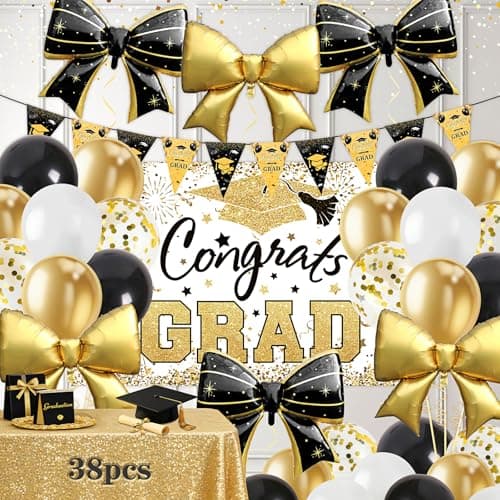 38Pcs Graduation Decorations 2026 Set - Congrats Grad Banner, Graduation Balloons, Backdrop, 6 Giant Bow Foil Balloons Class of 2026 Decorations Party Supplies for High School & College Black and Gold - Image 1