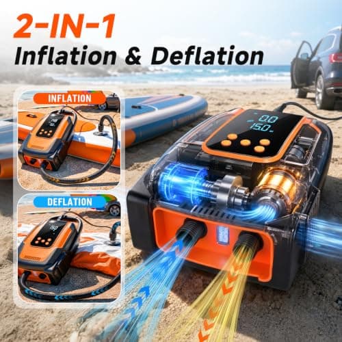 Paddle Board Electric Pump, 50 PSI High Pressure SUP Pump with Auto-Off, 12V DC Paddleboard Pump with Inflation & Deflation, 8 Nozzles Air Pump for Paddle Board, Inflatables, Kayaks, Car Tires, Orange - Thumbnail 3
