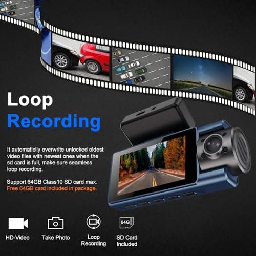 Dash Cam Front Rear Inside, 4K Full HD Dash Camera for Cars, Included 64GB Card, Built-in Wi-Fi, 3” IPS Screen, Night Vision, 170°Wide Angle,Loop Recording, APP Control (3Channel Dashcam+64G) - Thumbnail 6