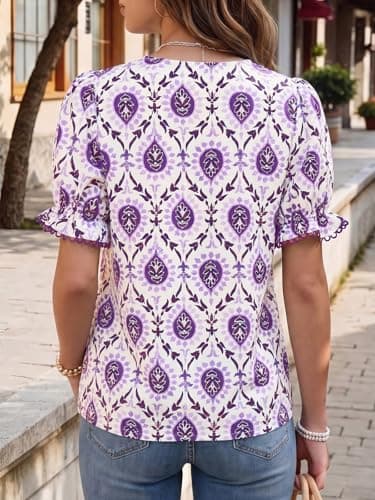 Tankaneo Womens Puff Sleeve Floral Blouse Tops Summer Dressy Casual V Neck Shirts Boho Printed Loose Fit Tees Purple - Thumbnail 5