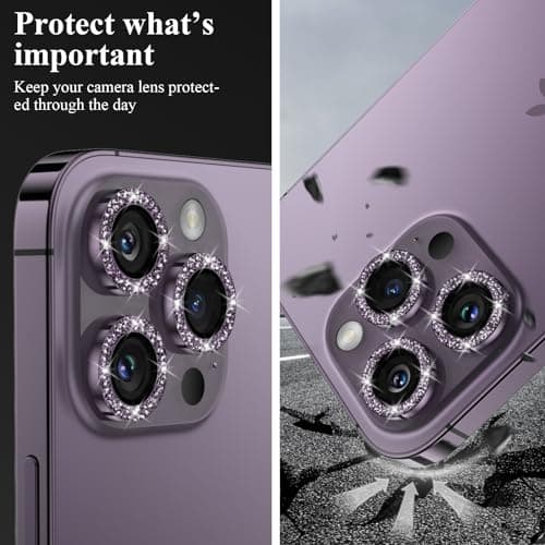 YWXTW Designed for iPhone 14 Pro/iPhone 14 Pro Max Camera Lens Protector Bling, [New Glitter Design] Individual Metal Tempered Glass Camera Cover Accessories Case Friendly, 1 Set (Purple Glitter) - Thumbnail 6
