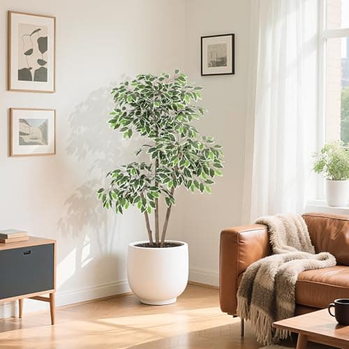 GarveeHome 5ft Artificial Ficus Tree,Tall Faux Floor Plant with White Tall Planter -Fake Plants for Home Decor Indoor with 3 Natural Trunks & White-Edged Leaves,Faux Greenery Tree for Garden Decor - Image 1