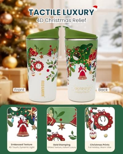 GiNT 17oz Christmas Tea Cup with Infuser and Lid - 4D Gold Foil Pattern (Bells & Holly), 316 Stainless Steel Double Wall Vacuum Insulated Travel Tea Mug, Leak-Free, for Commuting/Camping Gifts - Thumbnail 2