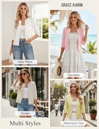 GRACE KARIN Womens Short Sleeve Cardigan Sweater, Lightweight Cotton Cardigan Trendy, Open Front Bolero Shrugs for Dress White - Thumbnail 2