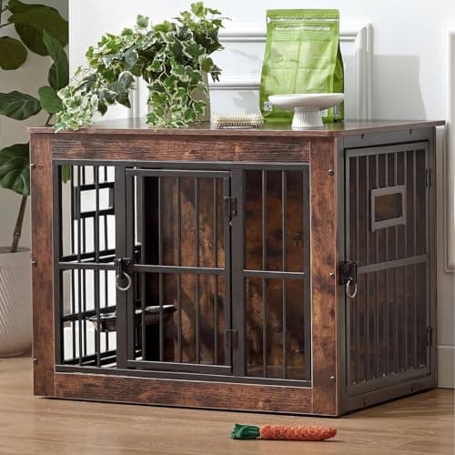 32 Inch Heavy Duty Dog Crate Furniture for Medium/Small Dogs, Decorative Pet House End Table with 3 Doors & Adjustable Bowls, Wooden Cage Kennel Furniture Indoor, Rustic Brown - Image 1