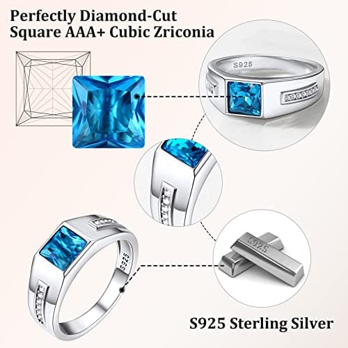 Bestyle White Gold Vermeil Sterling Silver Rings Classic Simple Men Cubic Zirconia Band Blue Topaz Finger Ring Sterling Silver Wedding Band Engagement Promise Rings for Father Husband Son Size 13 - Thumbnail 6