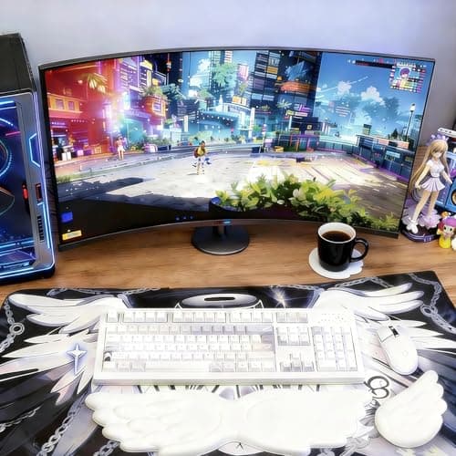 Angel Wing Wrist Rest Ergonomic Memory Foam Wrist Rest for Computer Keyboard Mouse Set with Cup Mat, Cute Gaming Keyboard Cushion Hand Support PU Leather Surface Anti-Slip Waterproof（White） - Thumbnail 2