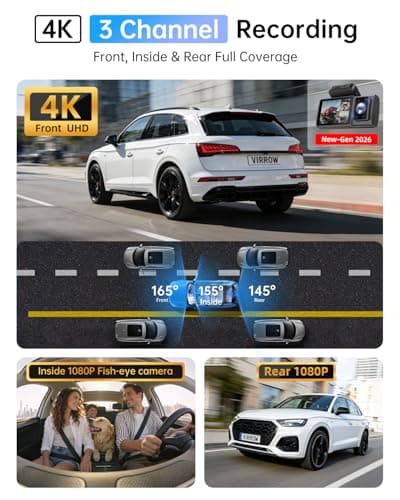 Dash Cam Front and Rear Inside - 3 Channel Dash Cam (4K+1080P+1080P) Built-in 5GHz WiFi APP & 64GB Card - Dashcam with IR Night Vision - Dash Camera for Cars Parking Mode G-Sensor Loop Recording(X7) - Thumbnail 2