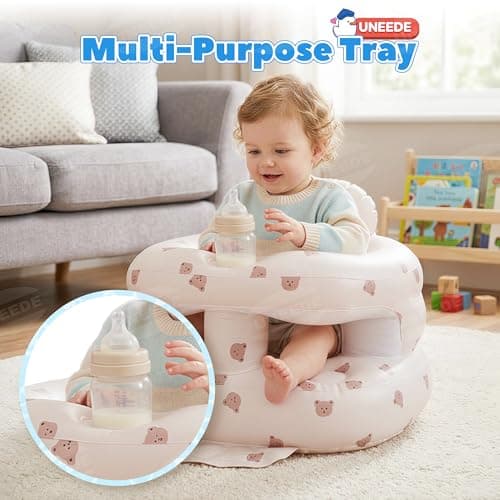 UNEEDE Inflatable Baby Seat for 3 Months & up, Infant Floor Baby Chair with Fence & Built in Air Pump,Lightweight Travel Baby Bath Seat for Home, Camping， Beach & Outdoor - Thumbnail 4