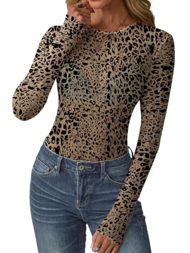 GKBK Womens Mesh Long Sleeve Tops Crew Neck Sexy See Through Tee Dressy Casual Shirts Party Club Night Lace Blouse Western Wear Outfit Clothes Going Out Clothing Leopard M - Thumbnail 6